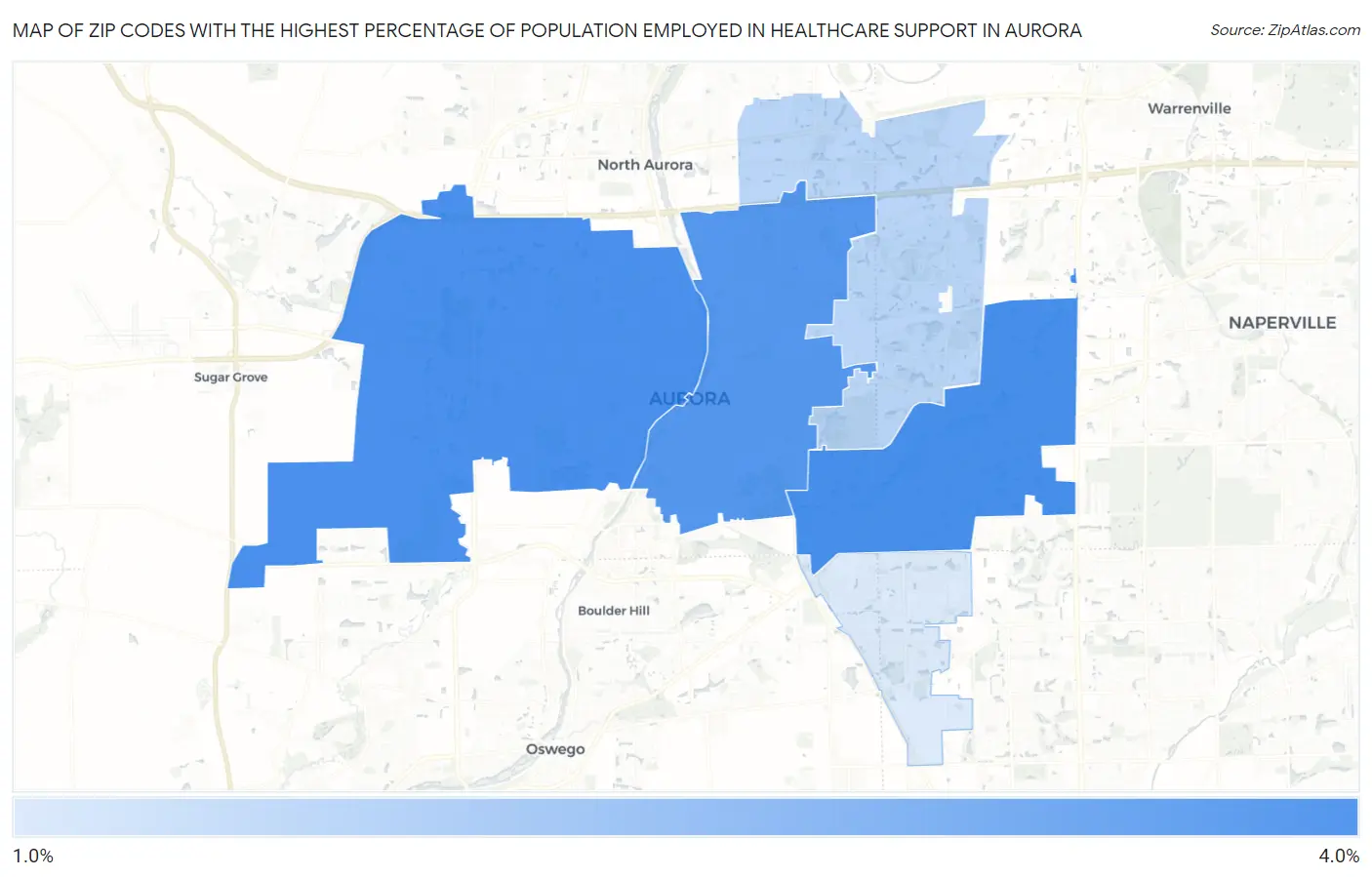 Zip Codes with the Highest Percentage of Population Employed in Healthcare Support in Aurora Map