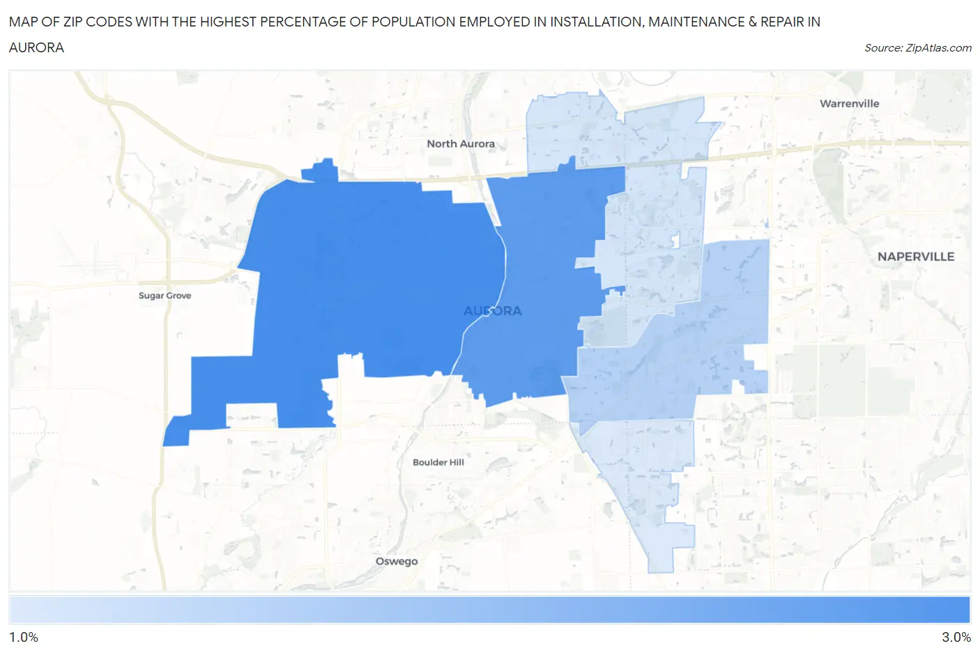 Zip Codes with the Highest Percentage of Population Employed in Installation, Maintenance & Repair in Aurora Map