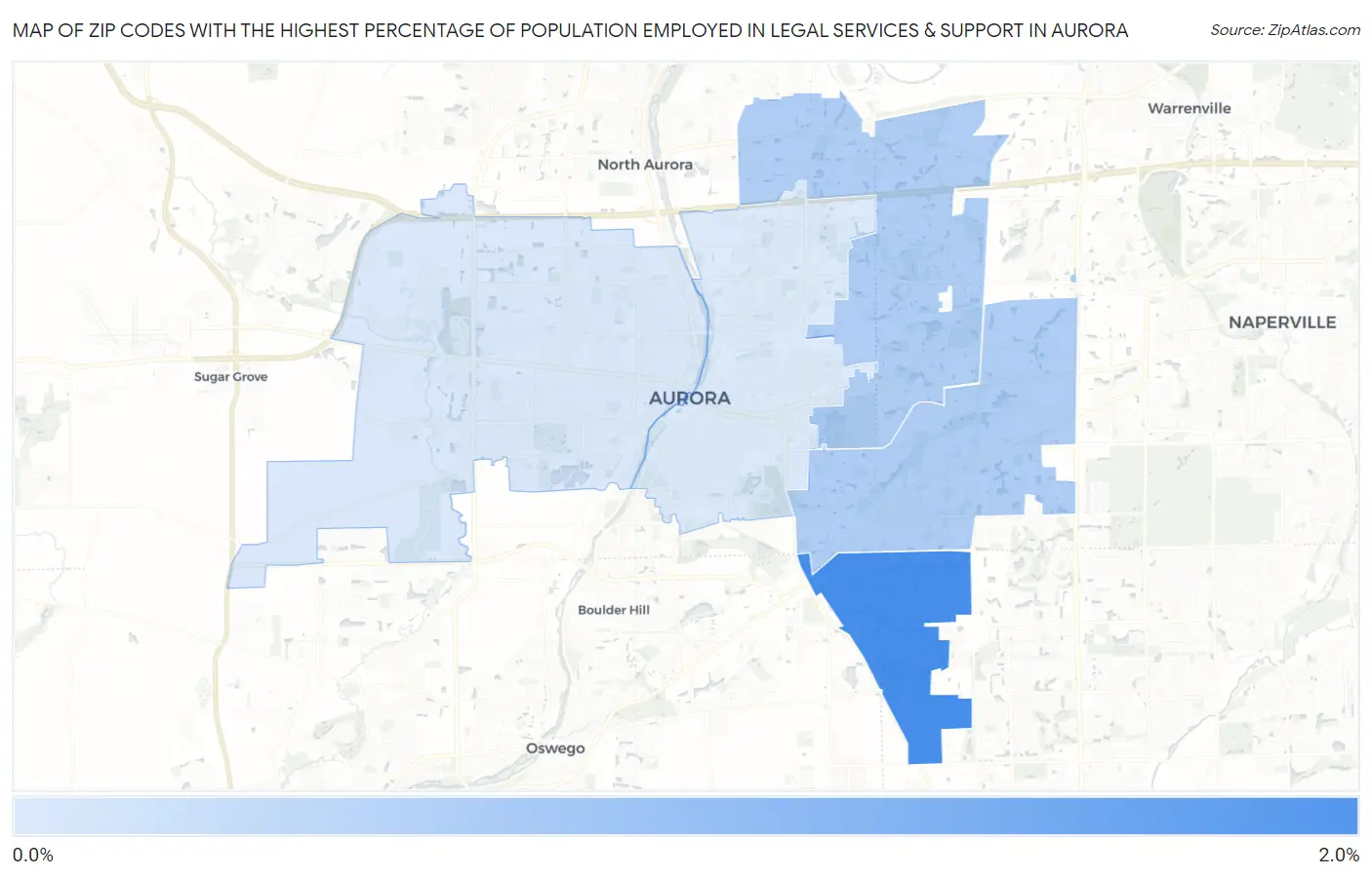 Zip Codes with the Highest Percentage of Population Employed in Legal Services & Support in Aurora Map