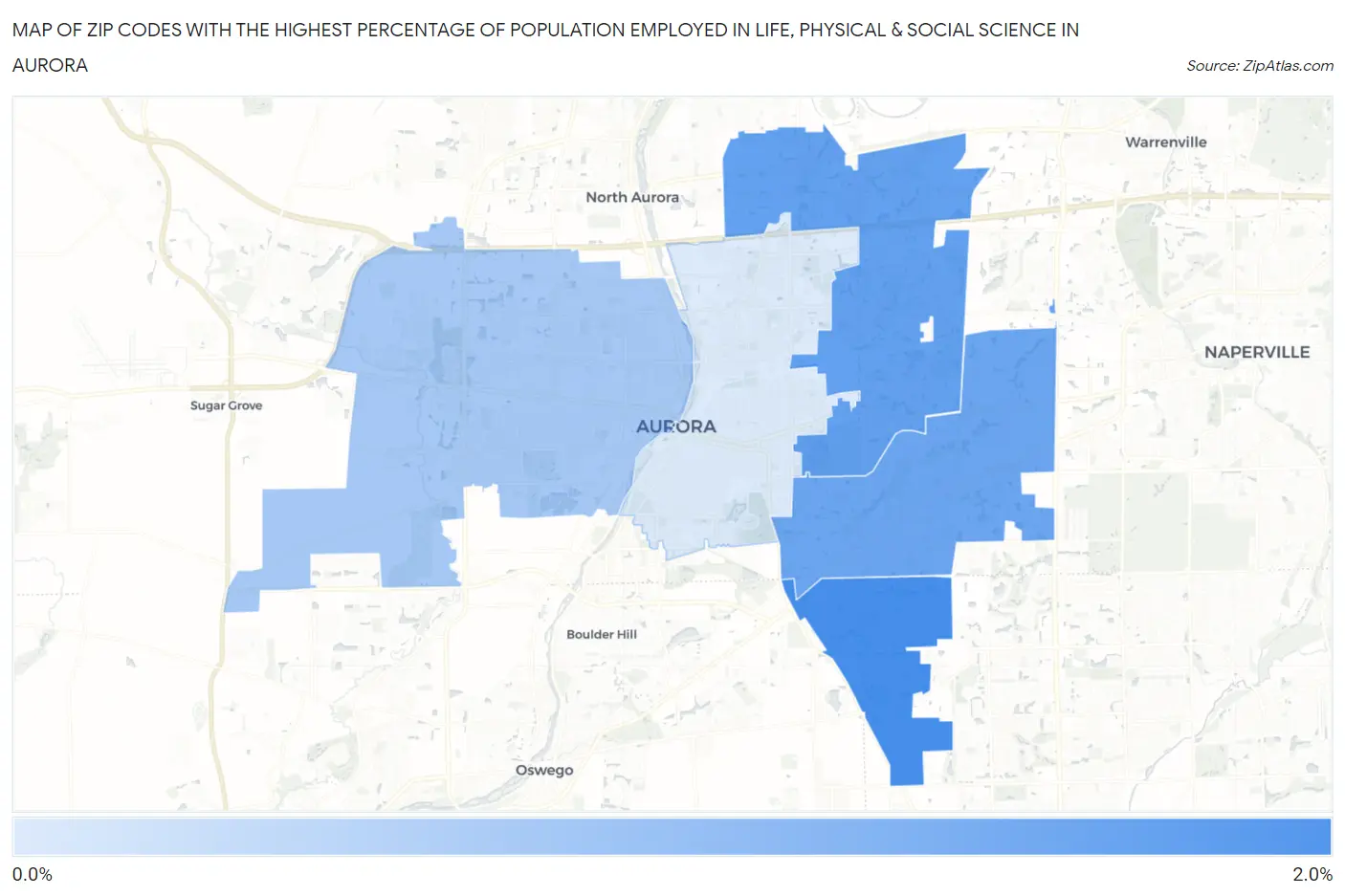 Zip Codes with the Highest Percentage of Population Employed in Life, Physical & Social Science in Aurora Map