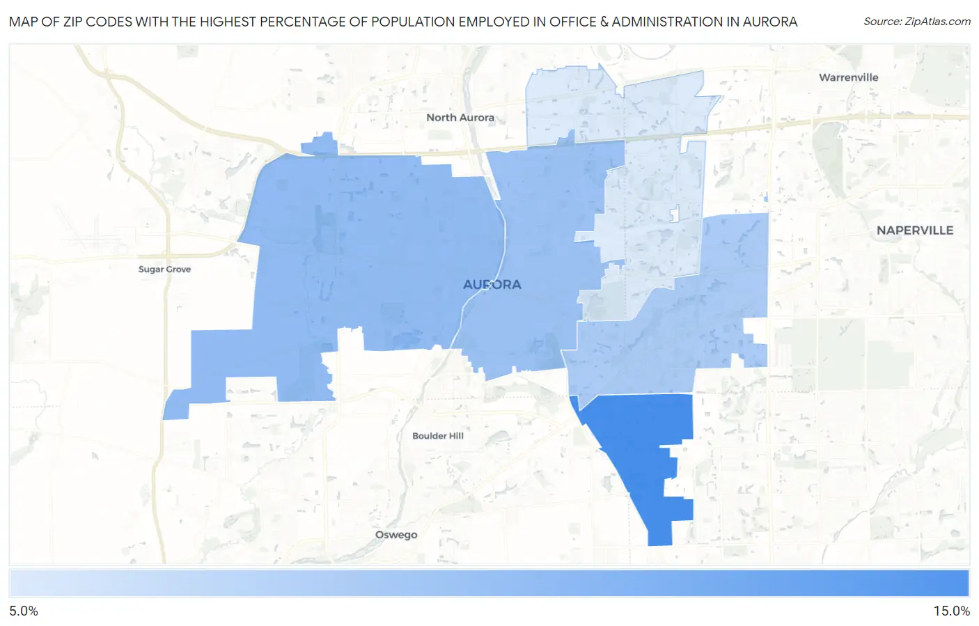 Zip Codes with the Highest Percentage of Population Employed in Office & Administration in Aurora Map