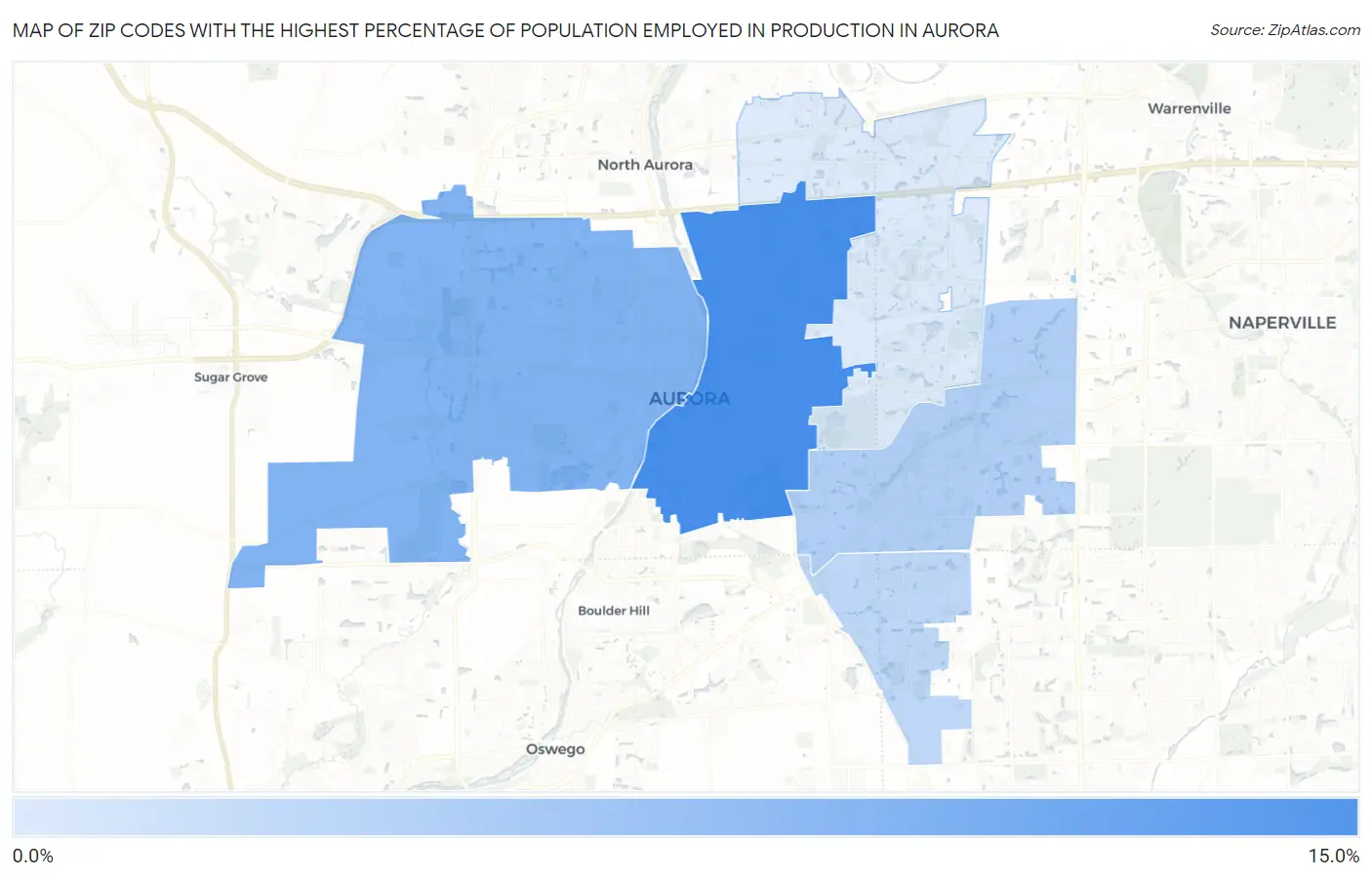 Zip Codes with the Highest Percentage of Population Employed in Production in Aurora Map