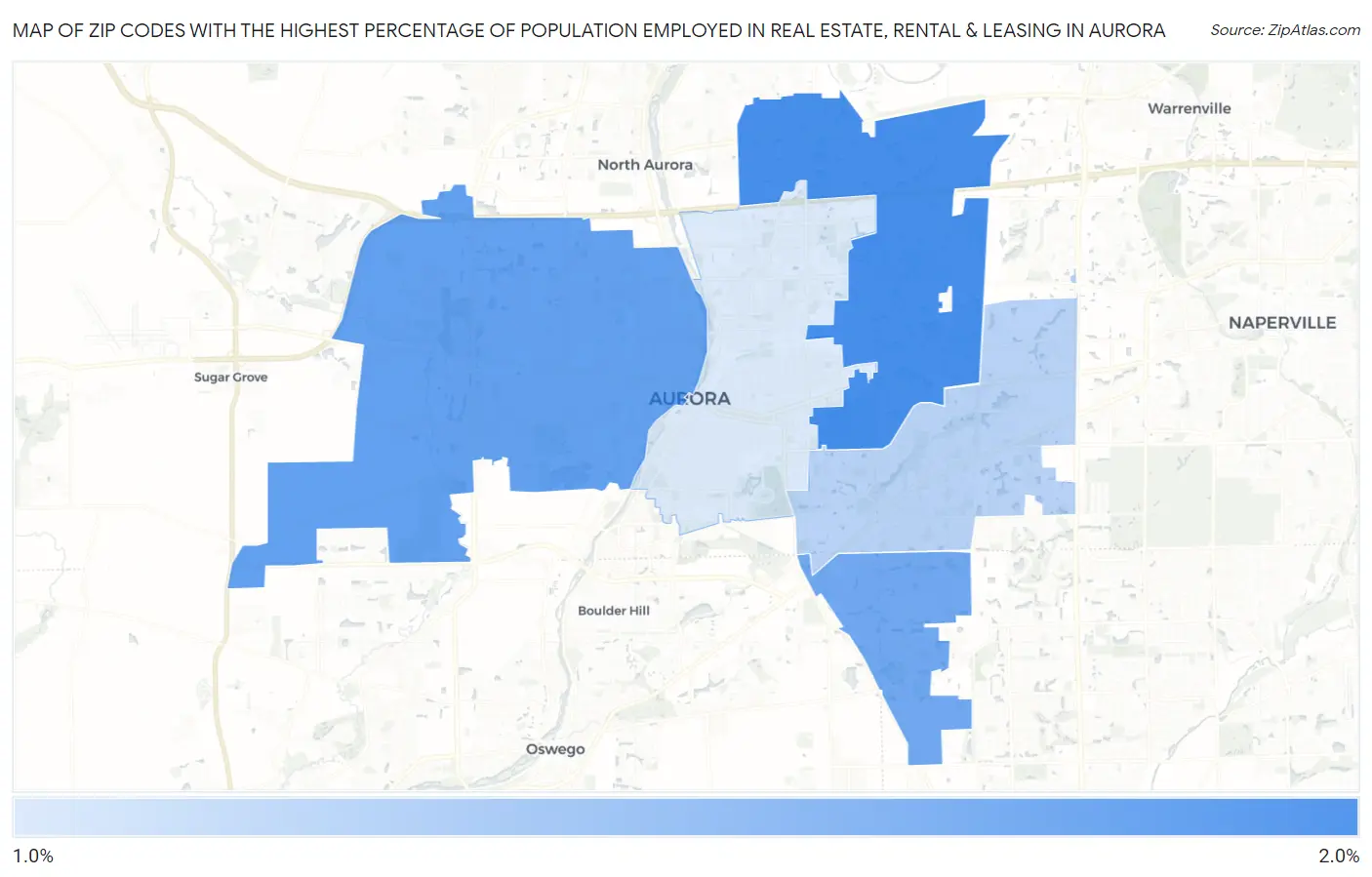 Zip Codes with the Highest Percentage of Population Employed in Real Estate, Rental & Leasing in Aurora Map