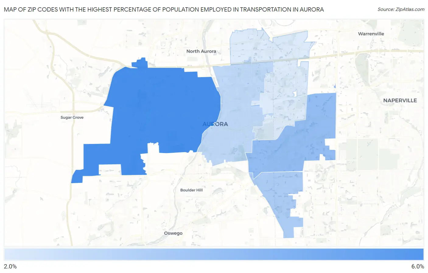 Zip Codes with the Highest Percentage of Population Employed in Transportation in Aurora Map