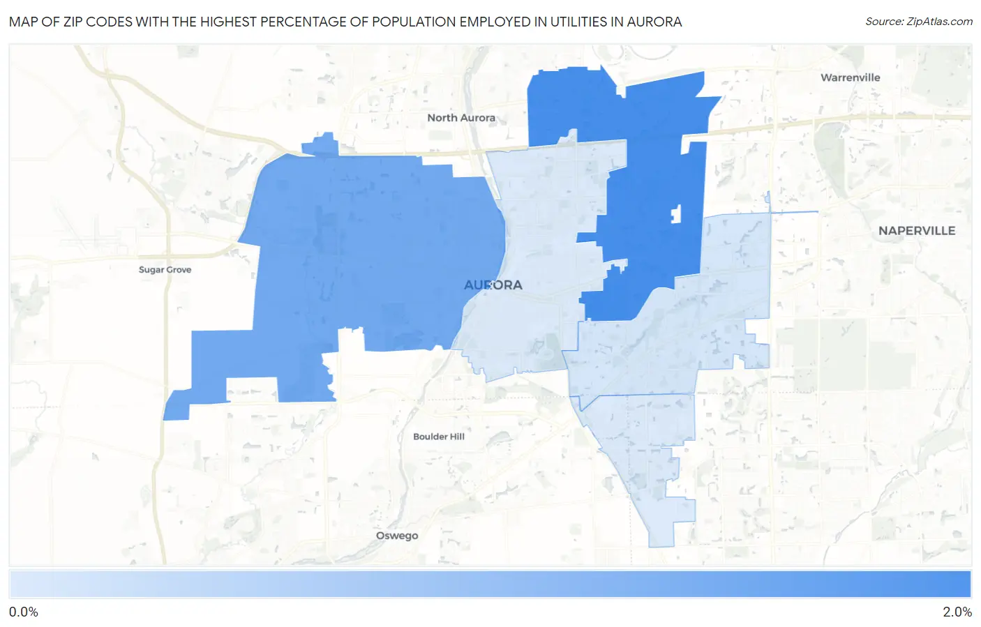 Zip Codes with the Highest Percentage of Population Employed in Utilities in Aurora Map