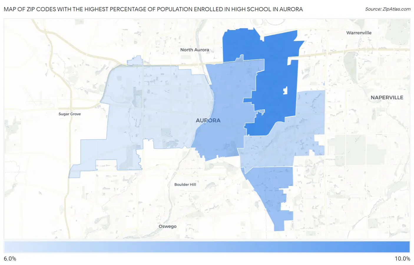 Zip Codes with the Highest Percentage of Population Enrolled in High School in Aurora Map