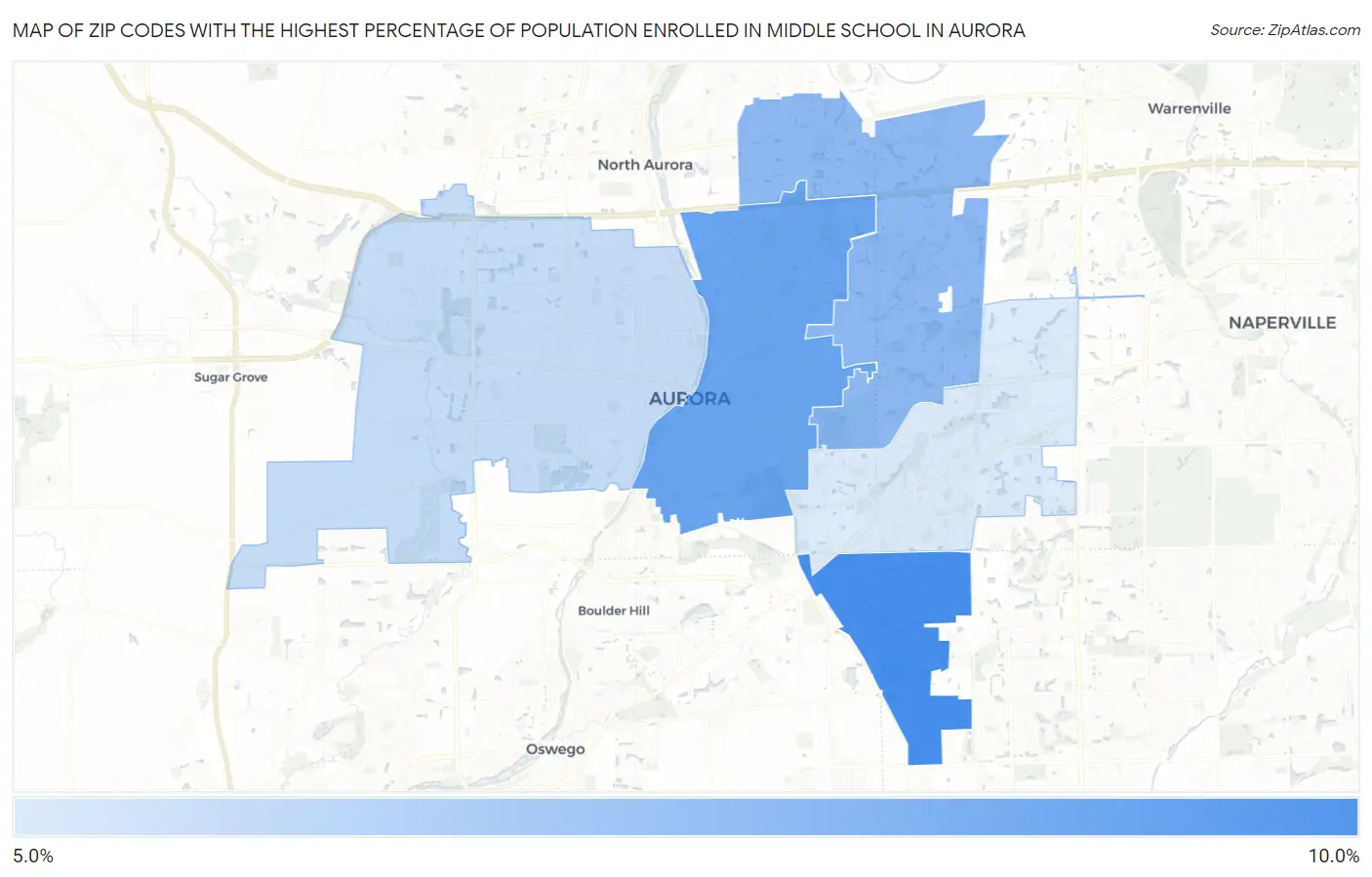 Zip Codes with the Highest Percentage of Population Enrolled in Middle School in Aurora Map