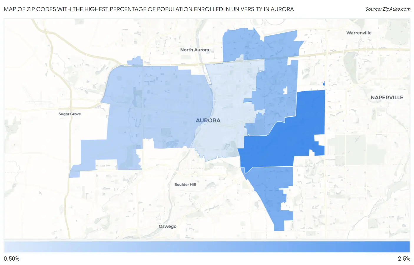 Zip Codes with the Highest Percentage of Population Enrolled in University in Aurora Map