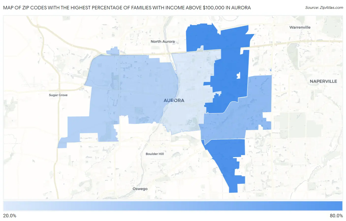 Zip Codes with the Highest Percentage of Families with Income Above $100,000 in Aurora Map