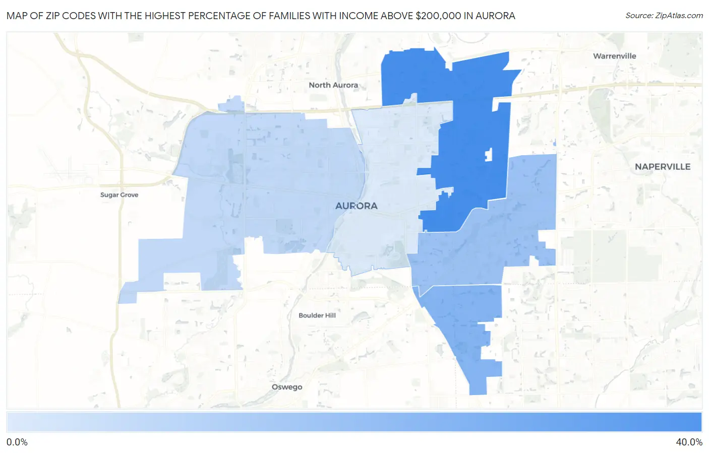 Zip Codes with the Highest Percentage of Families with Income Above $200,000 in Aurora Map