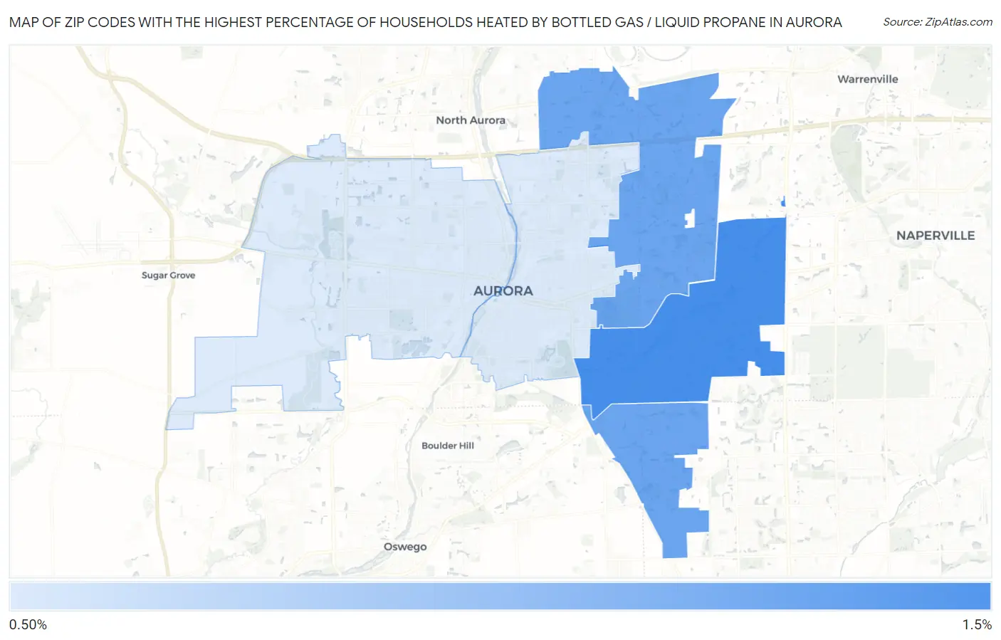 Zip Codes with the Highest Percentage of Households Heated by Bottled Gas / Liquid Propane in Aurora Map