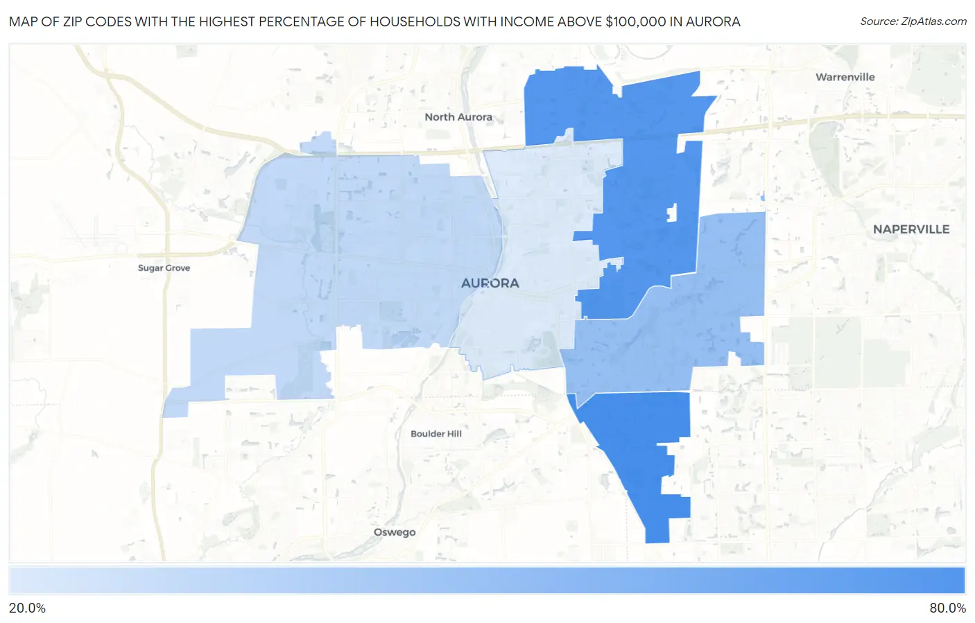 Zip Codes with the Highest Percentage of Households with Income Above $100,000 in Aurora Map