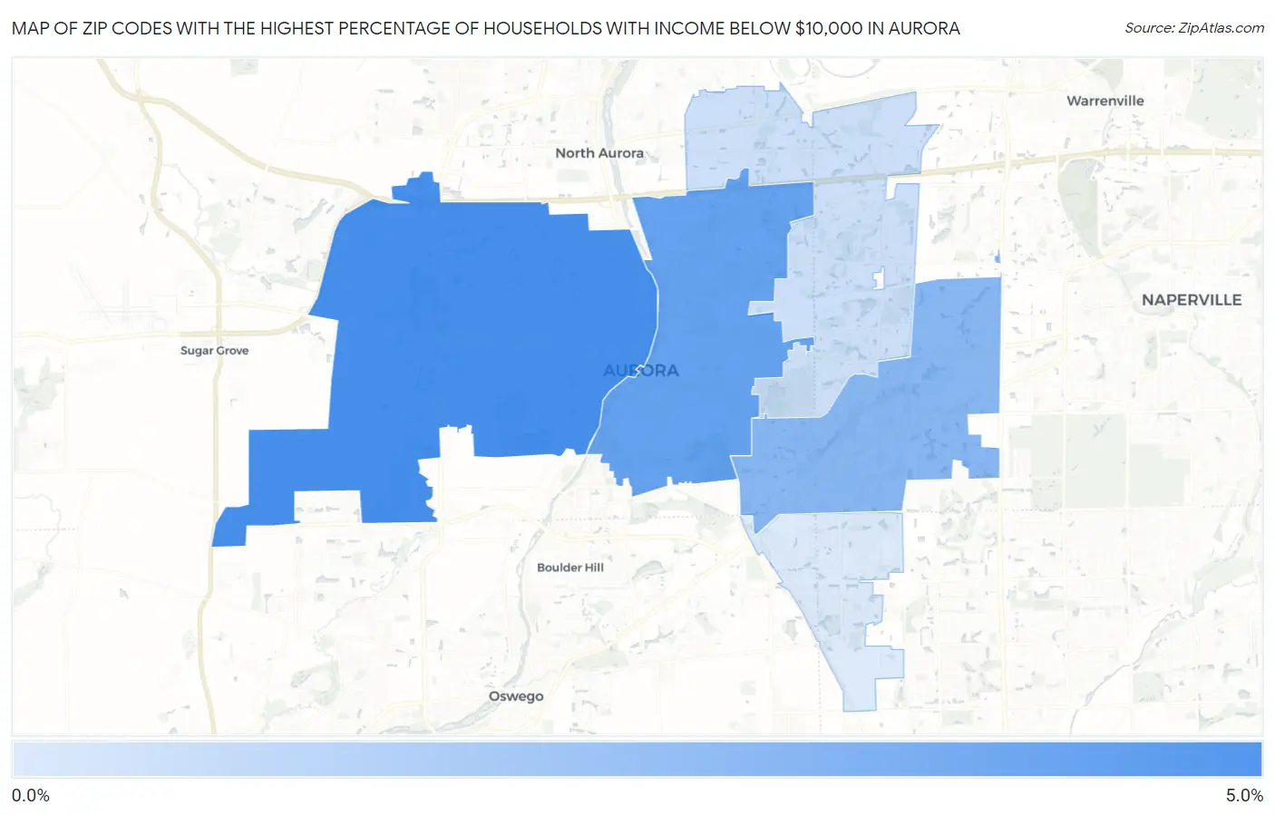 Zip Codes with the Highest Percentage of Households with Income Below $10,000 in Aurora Map