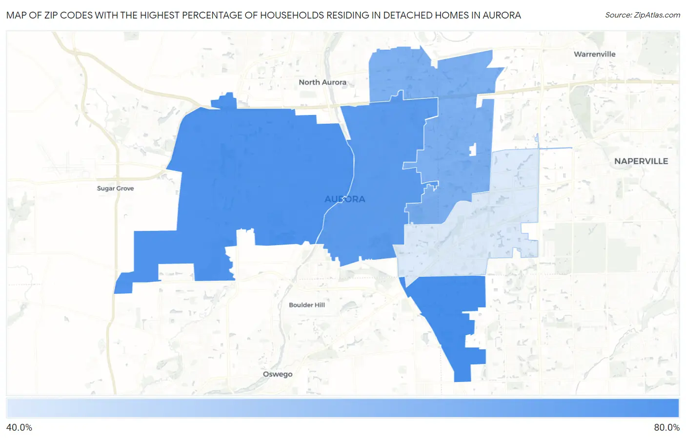 Zip Codes with the Highest Percentage of Households Residing in Detached Homes in Aurora Map
