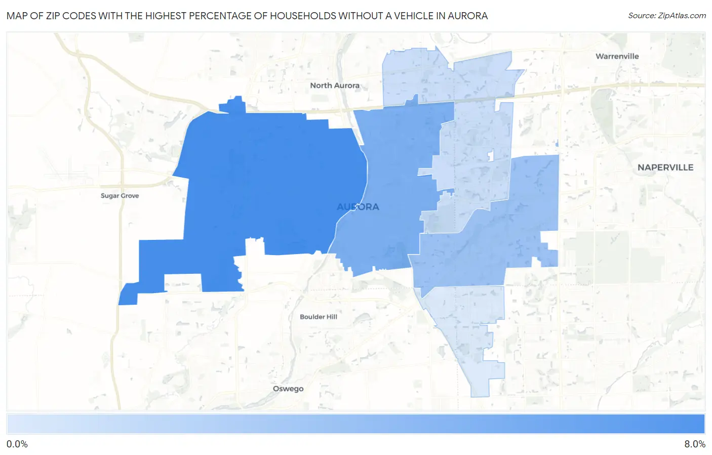 Zip Codes with the Highest Percentage of Households Without a Vehicle in Aurora Map