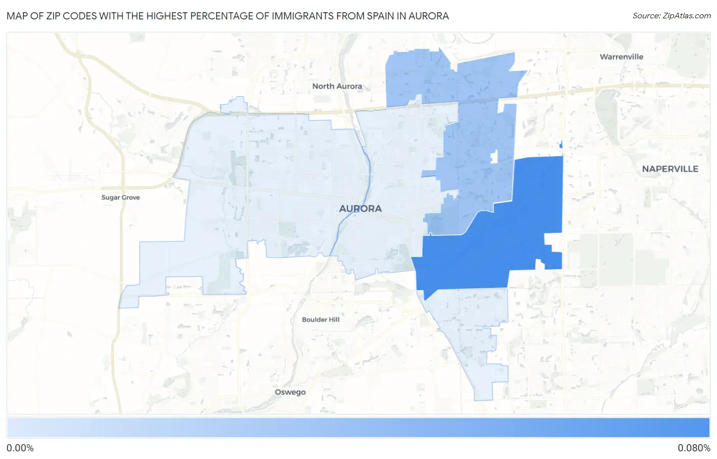 Zip Codes with the Highest Percentage of Immigrants from Spain in Aurora Map