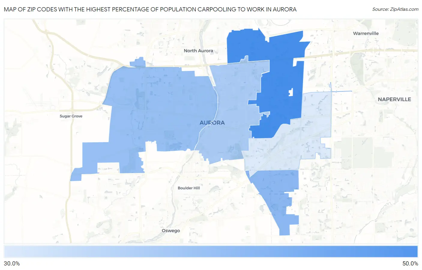 Zip Codes with the Highest Percentage of Population Carpooling to Work in Aurora Map