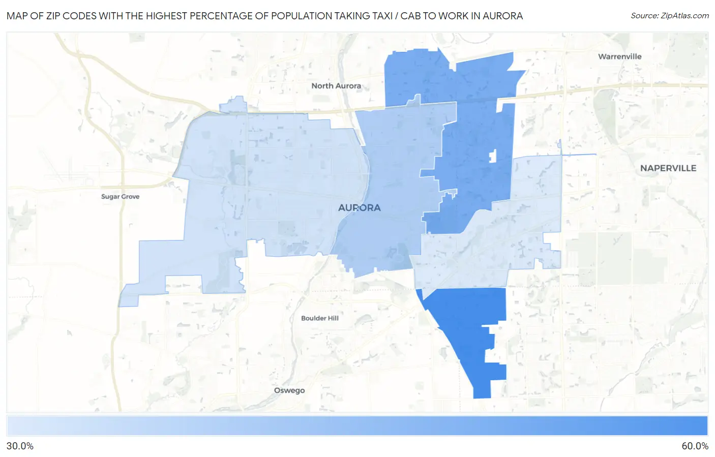 Zip Codes with the Highest Percentage of Population Taking Taxi / Cab to Work in Aurora Map