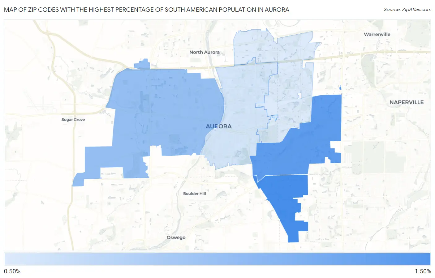 Zip Codes with the Highest Percentage of South American Population in Aurora Map