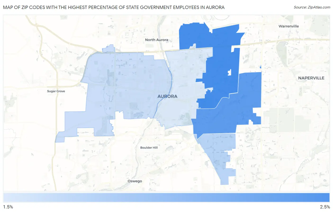 Zip Codes with the Highest Percentage of State Government Employees in Aurora Map