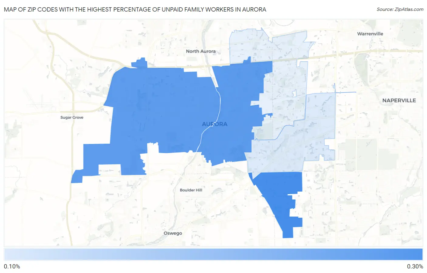 Zip Codes with the Highest Percentage of Unpaid Family Workers in Aurora Map