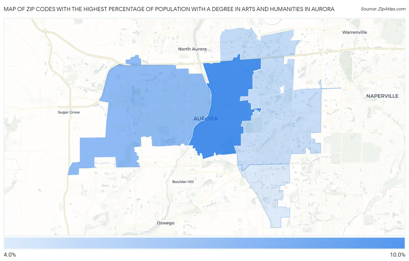 Zip Codes with the Highest Percentage of Population with a Degree in Arts and Humanities in Aurora Map