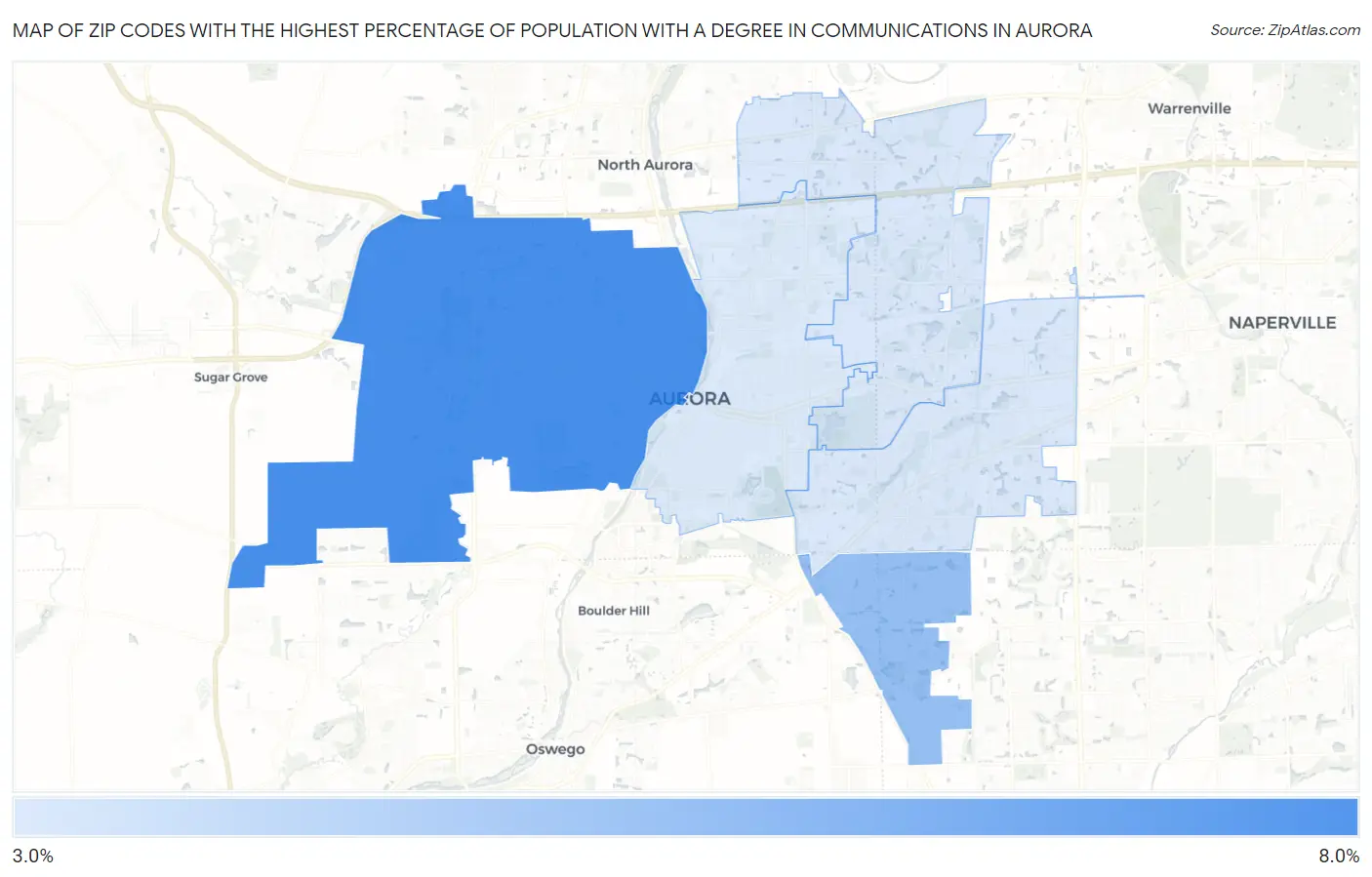Zip Codes with the Highest Percentage of Population with a Degree in Communications in Aurora Map
