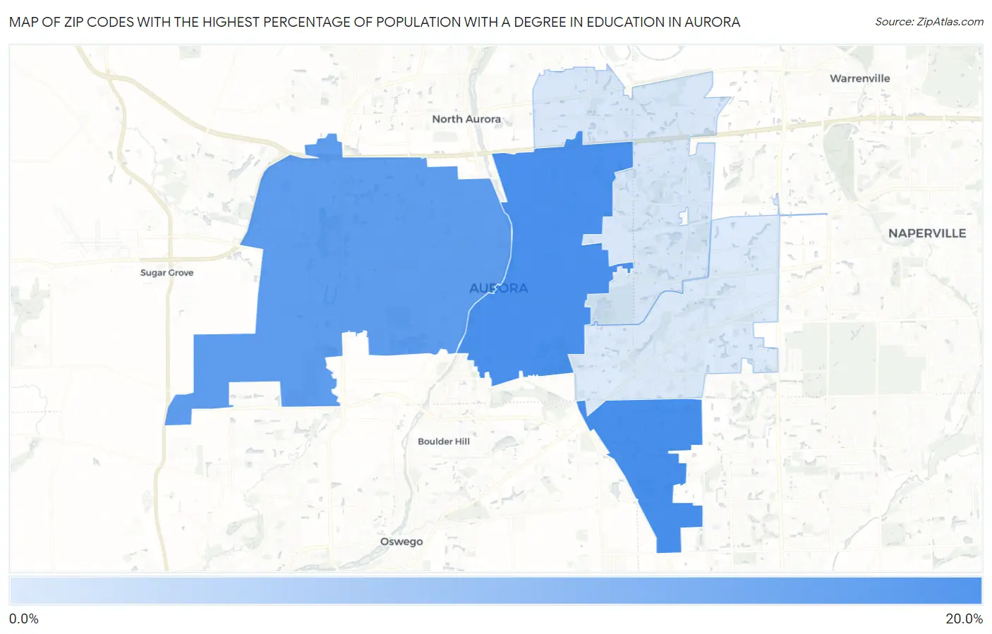Zip Codes with the Highest Percentage of Population with a Degree in Education in Aurora Map