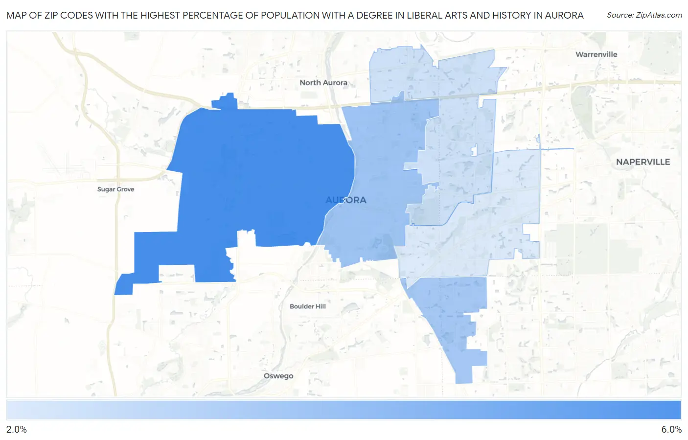 Zip Codes with the Highest Percentage of Population with a Degree in Liberal Arts and History in Aurora Map