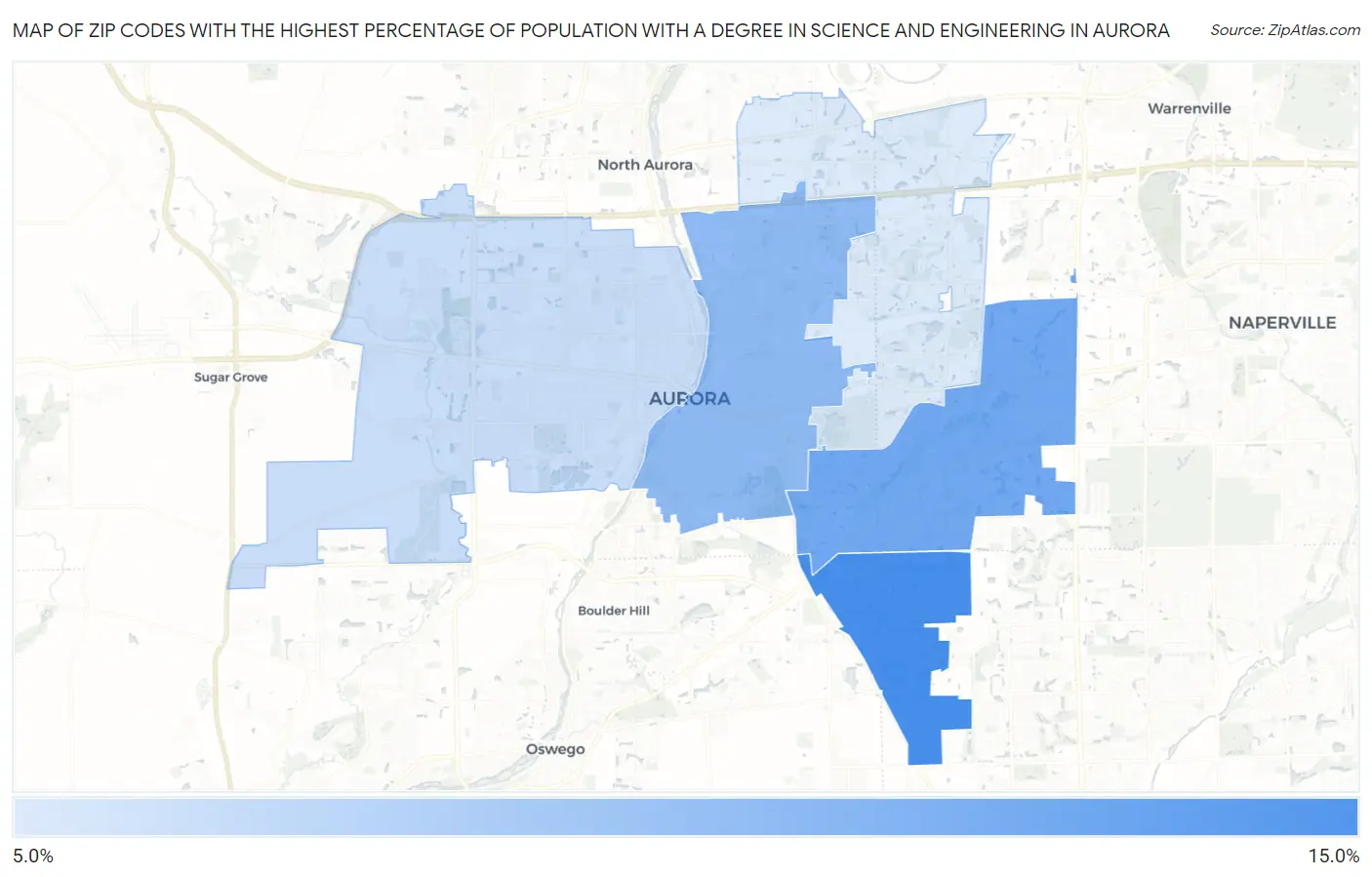 Zip Codes with the Highest Percentage of Population with a Degree in Science and Engineering in Aurora Map