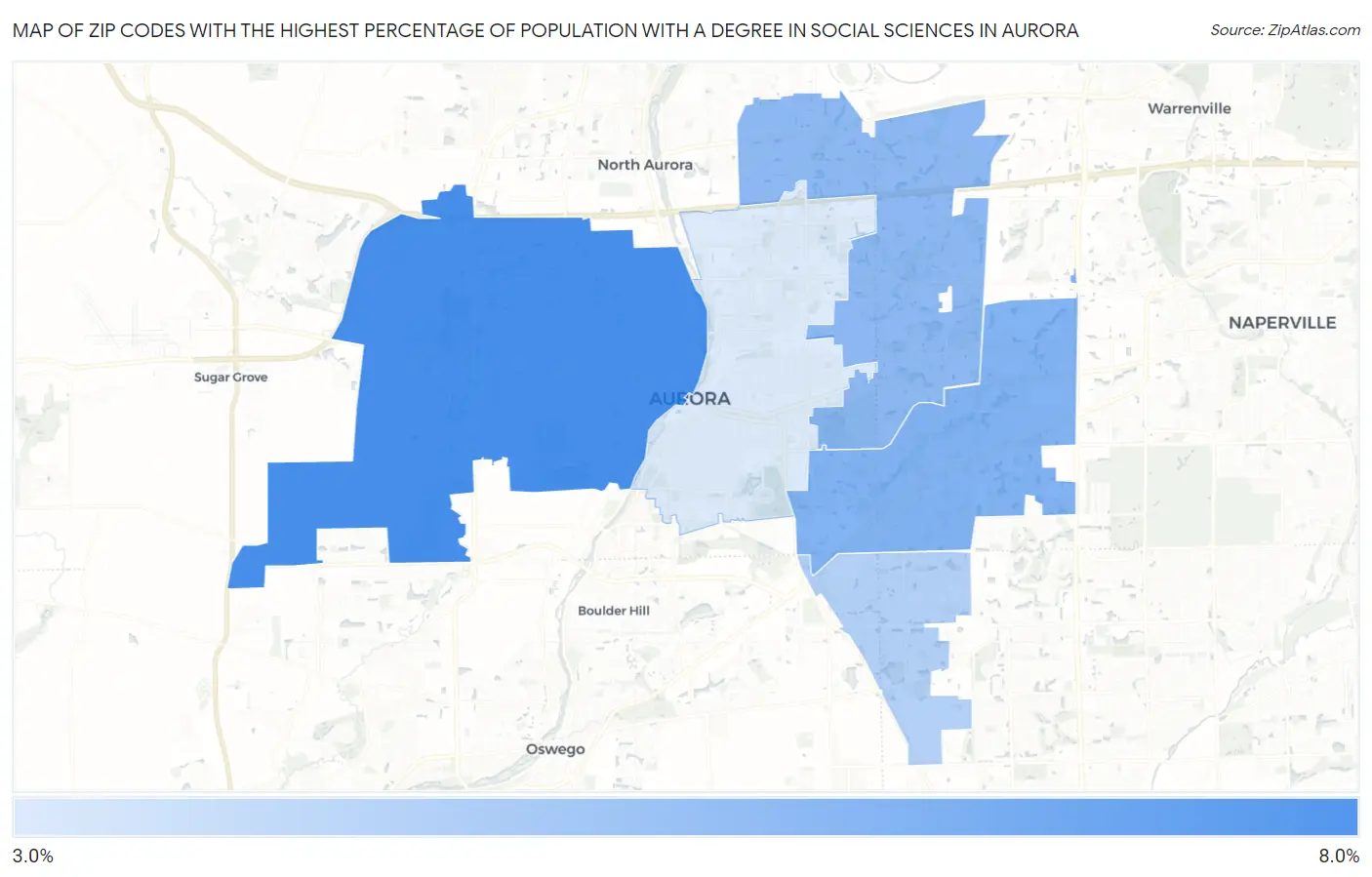 Zip Codes with the Highest Percentage of Population with a Degree in Social Sciences in Aurora Map