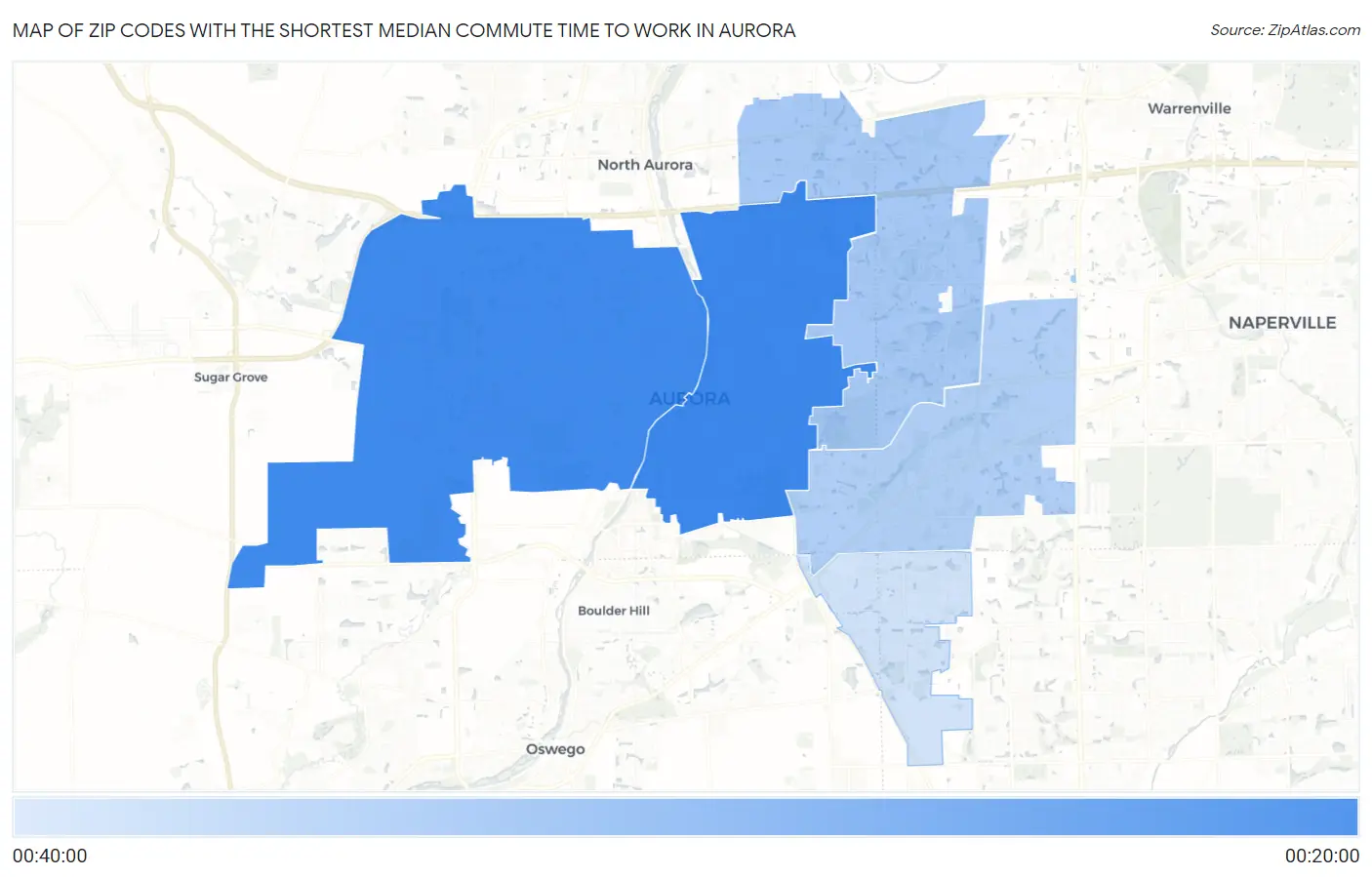 Zip Codes with the Shortest Median Commute Time to Work in Aurora Map