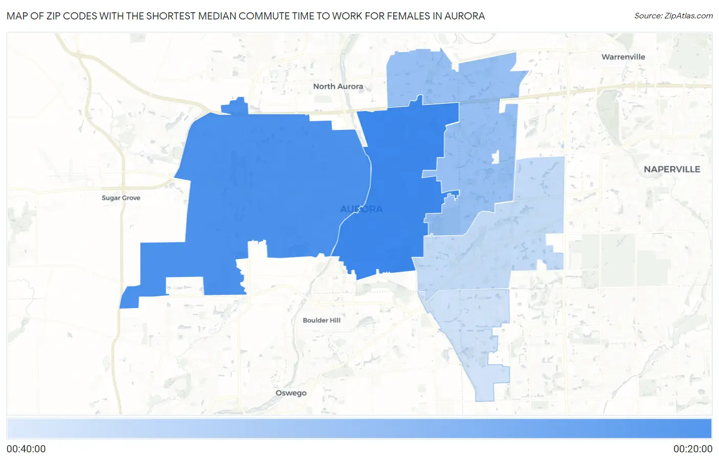 Zip Codes with the Shortest Median Commute Time to Work for Females in Aurora Map