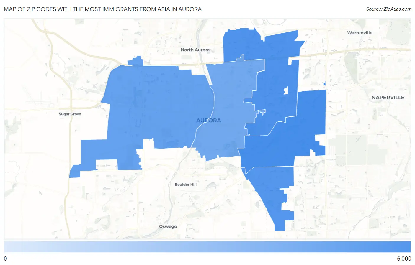 Zip Codes with the Most Immigrants from Asia in Aurora Map