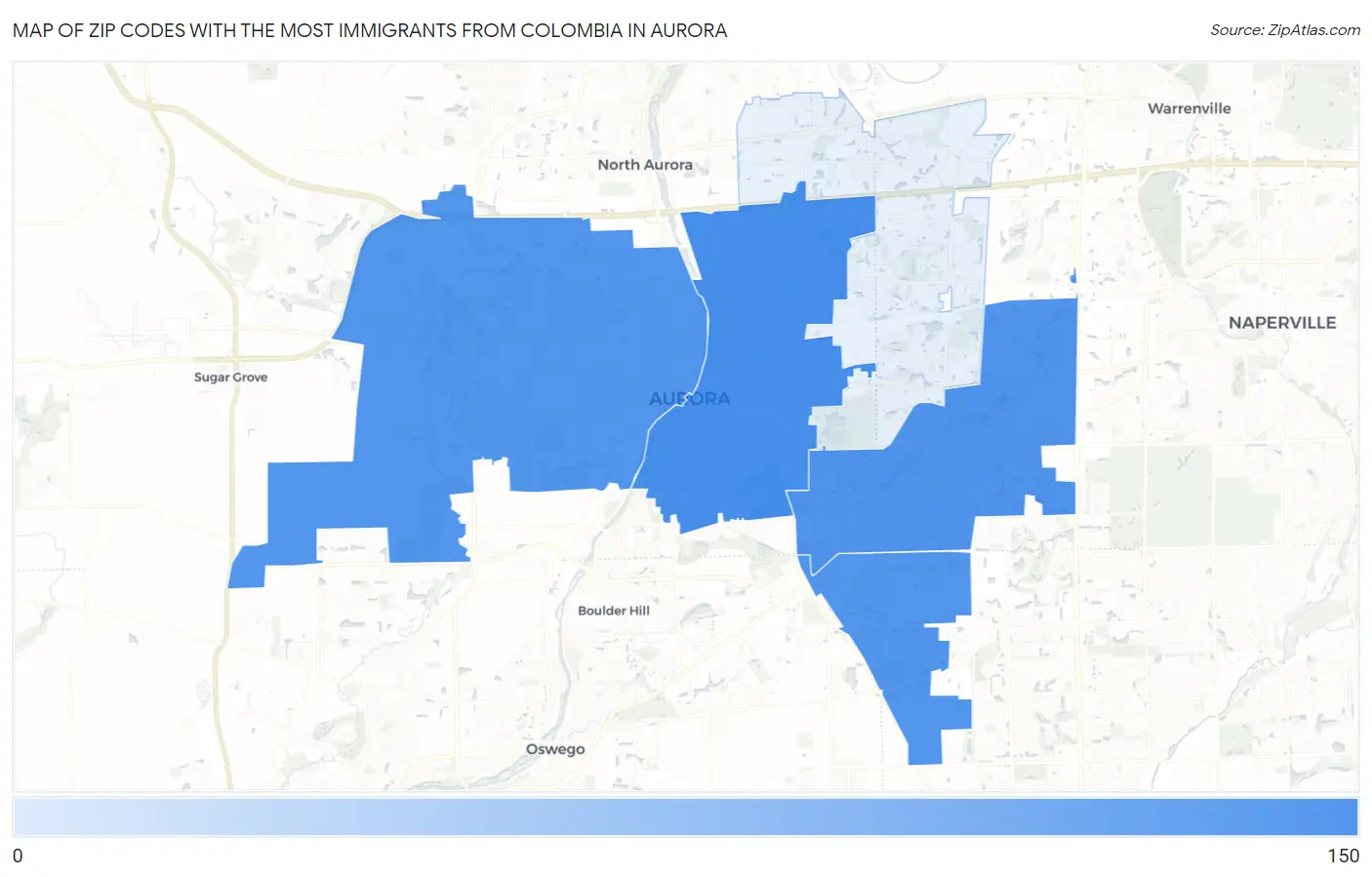 Zip Codes with the Most Immigrants from Colombia in Aurora Map