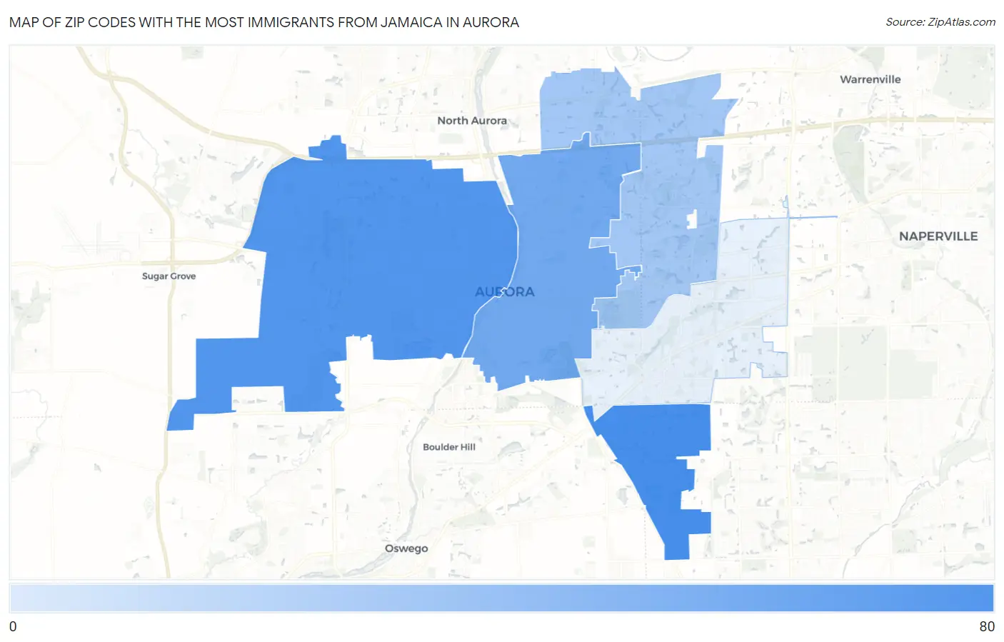 Zip Codes with the Most Immigrants from Jamaica in Aurora Map