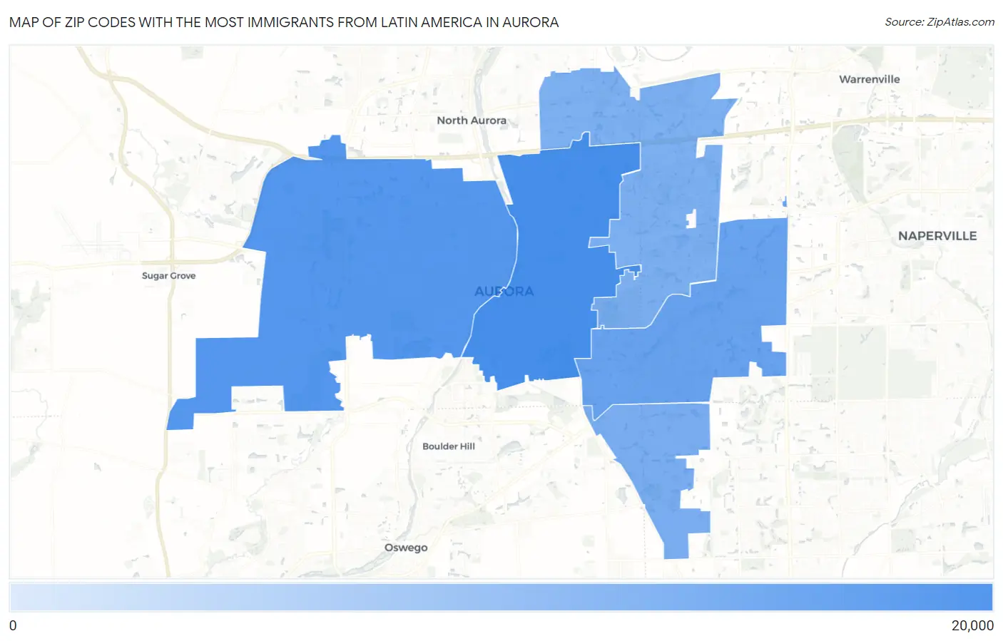 Zip Codes with the Most Immigrants from Latin America in Aurora Map