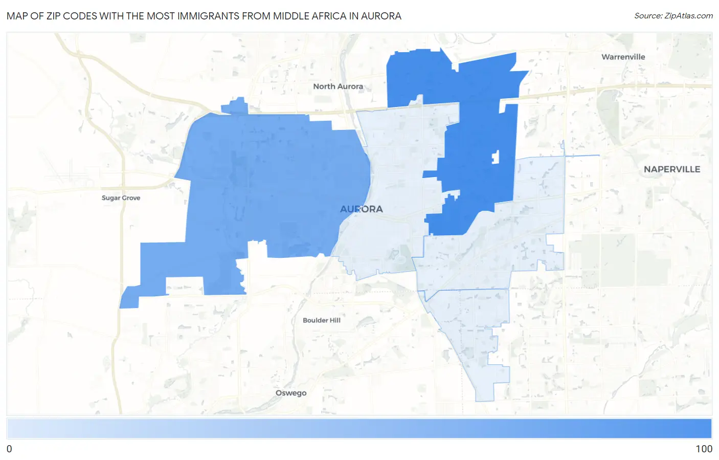 Zip Codes with the Most Immigrants from Middle Africa in Aurora Map
