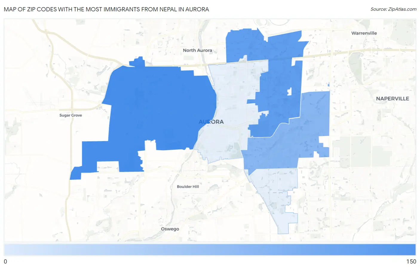 Zip Codes with the Most Immigrants from Nepal in Aurora Map