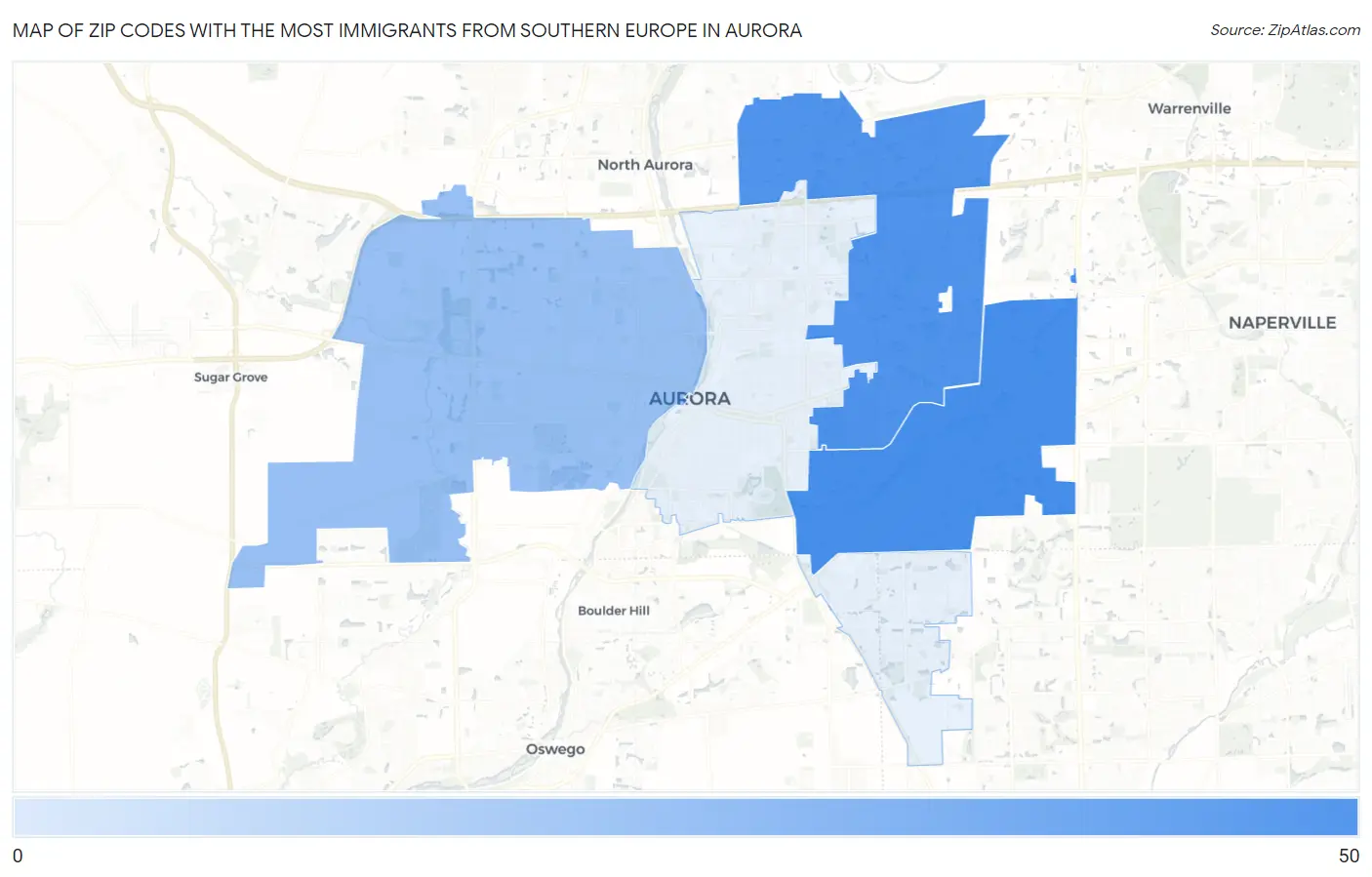 Zip Codes with the Most Immigrants from Southern Europe in Aurora Map