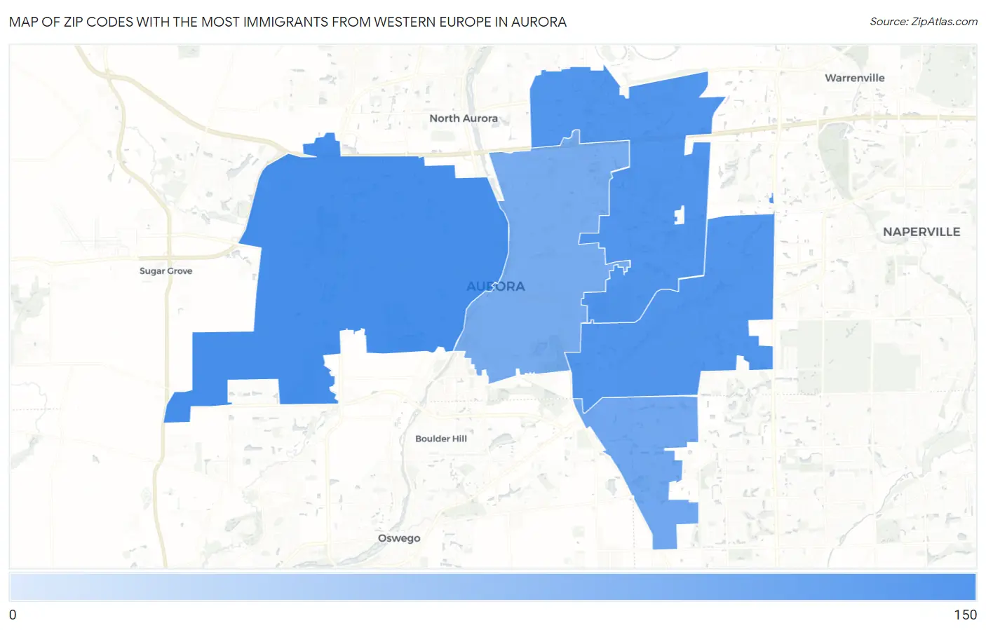 Zip Codes with the Most Immigrants from Western Europe in Aurora Map