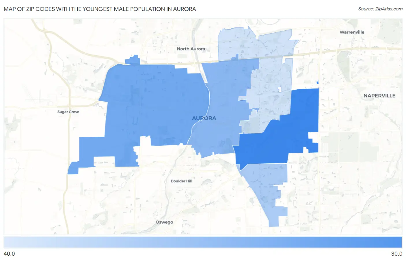 Zip Codes with the Youngest Male Population in Aurora Map
