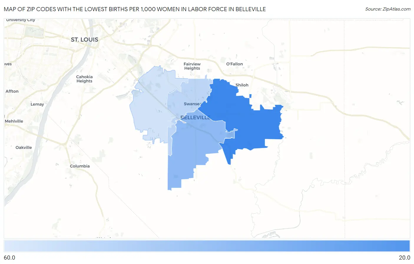 Zip Codes with the Lowest Births per 1,000 Women in Labor Force in Belleville Map