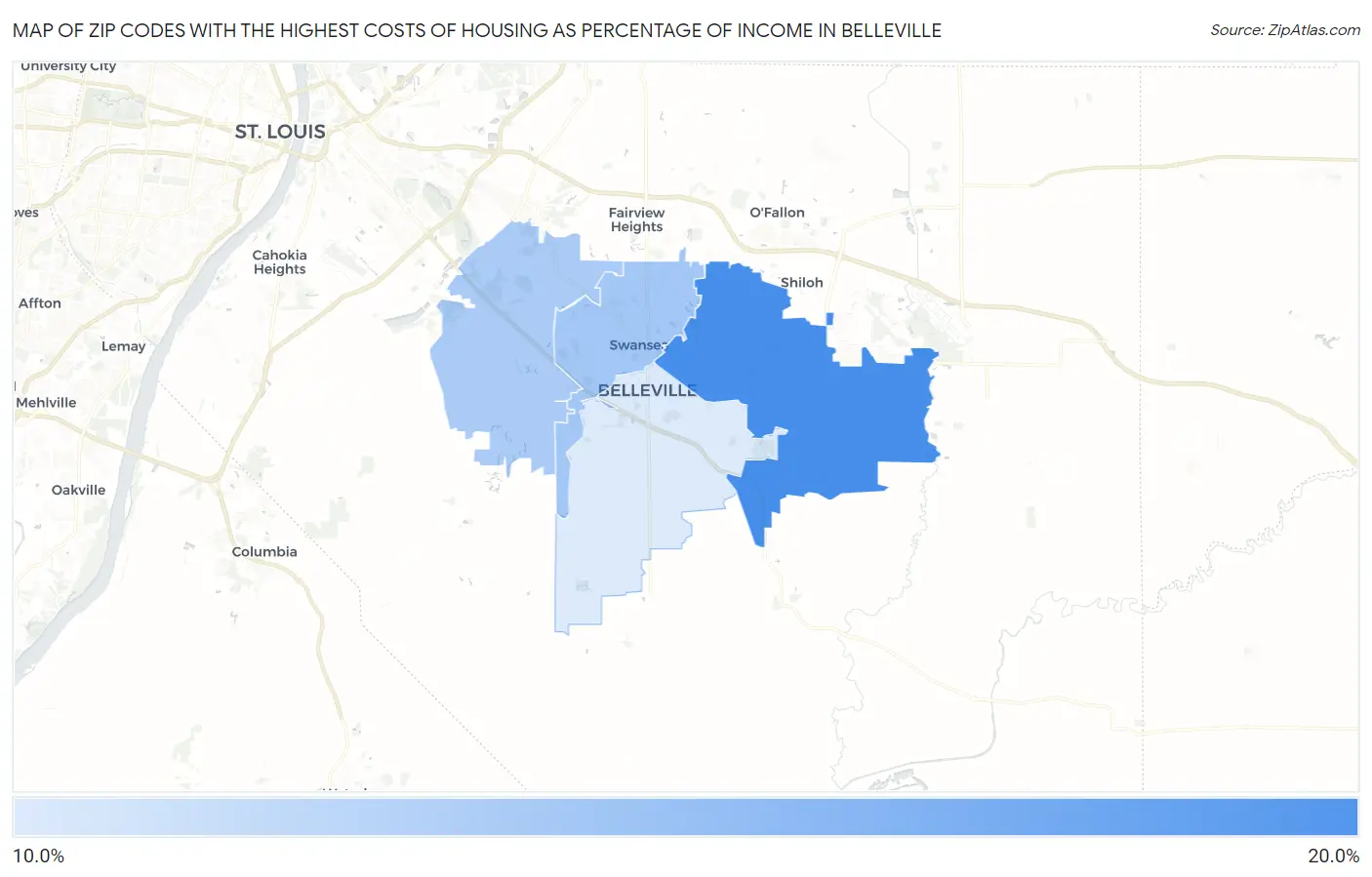 Zip Codes with the Highest Costs of Housing as Percentage of Income in Belleville Map