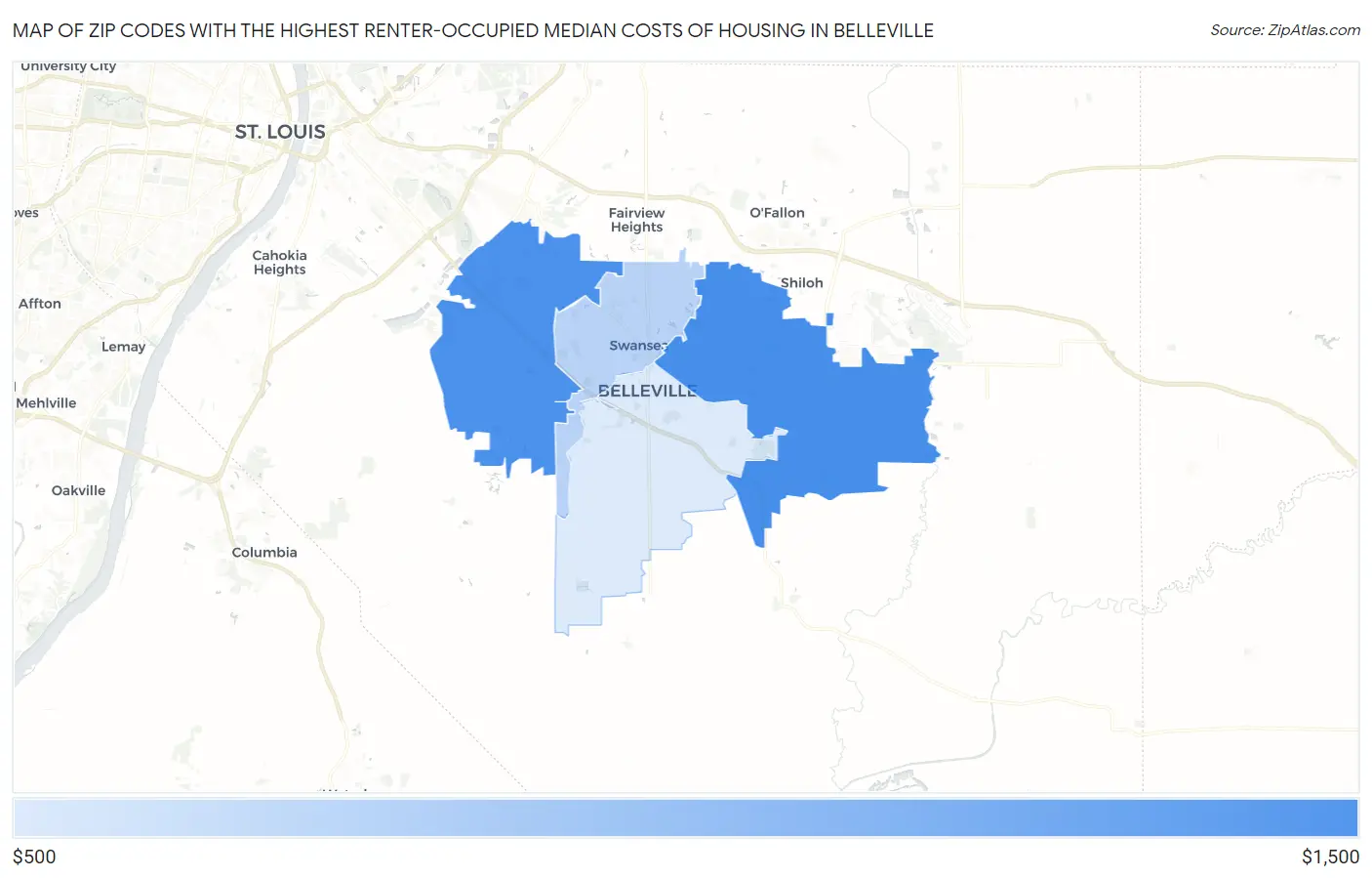 Zip Codes with the Highest Renter-Occupied Median Costs of Housing in Belleville Map