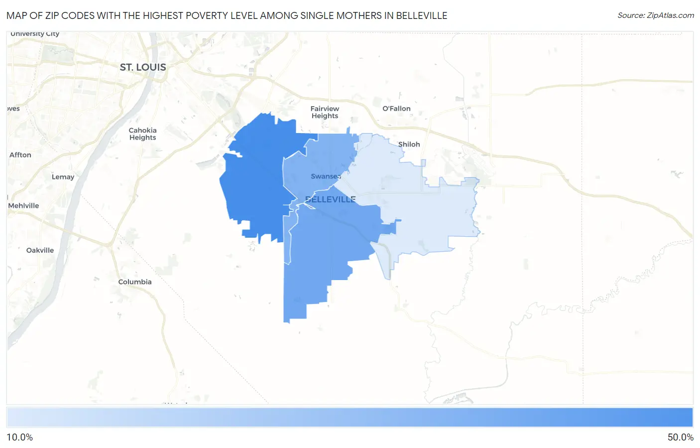 Zip Codes with the Highest Poverty Level Among Single Mothers in Belleville Map
