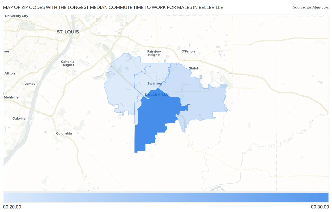 Zip Codes with the Longest Median Commute Time to Work for Males in Belleville Map