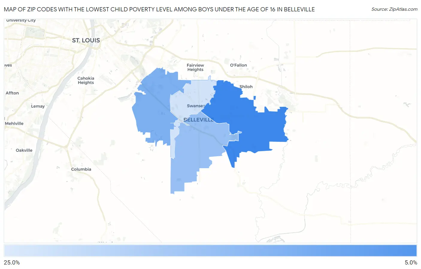 Zip Codes with the Lowest Child Poverty Level Among Boys Under the Age of 16 in Belleville Map