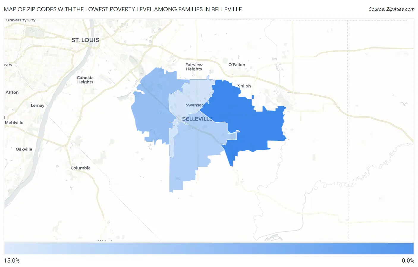 Zip Codes with the Lowest Poverty Level Among Families in Belleville Map