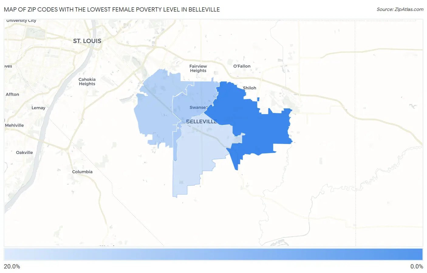 Zip Codes with the Lowest Female Poverty Level in Belleville Map